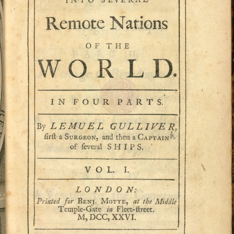 Title page of the first edition of Travels into several remote nations of the world by Lemuel Gulliver...