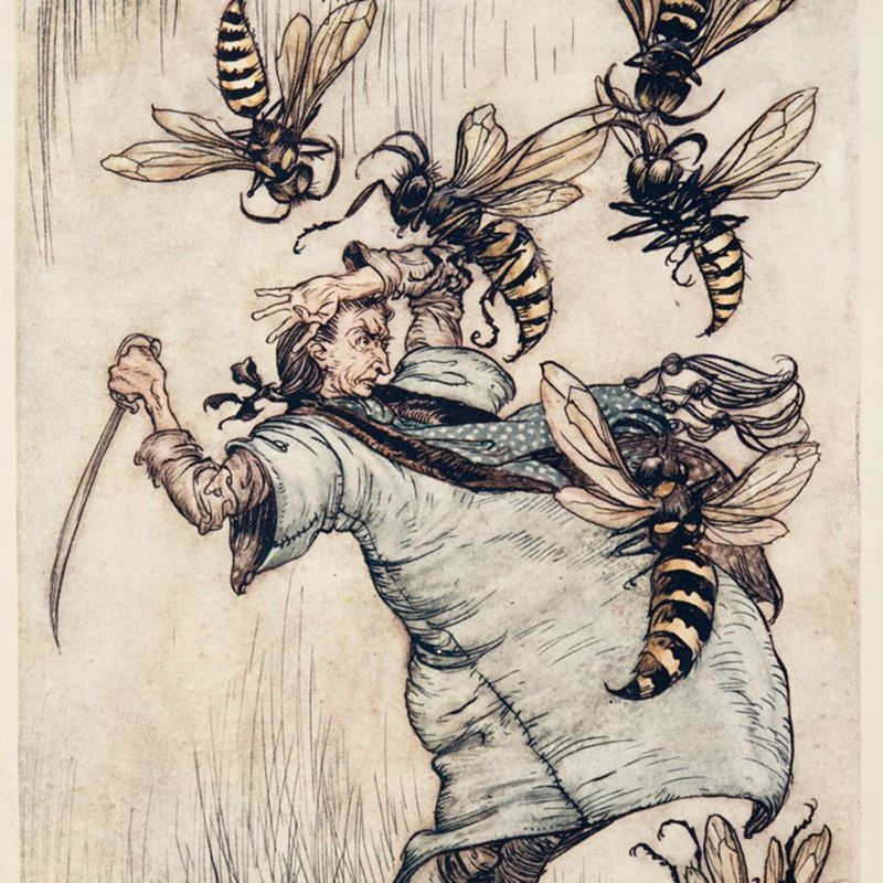 Illustration of Gulliver fighting off the wasps.