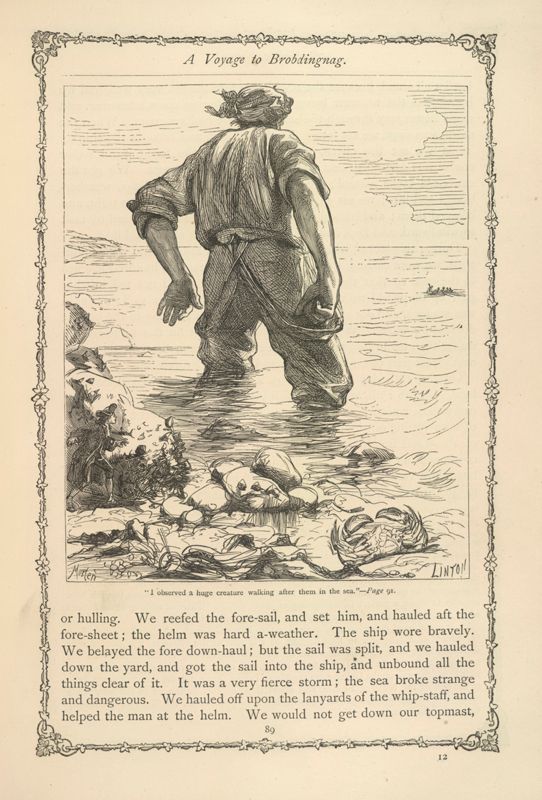 Gulliver’s arrival in Brobdingnag. Illustration from 1864.