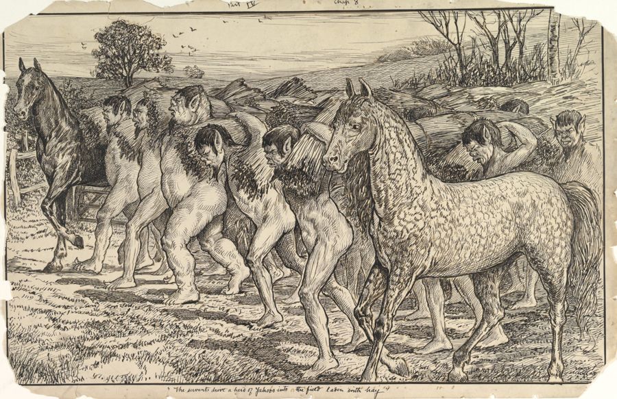 Image of Yahoos being herded by Houyhnhnms. 