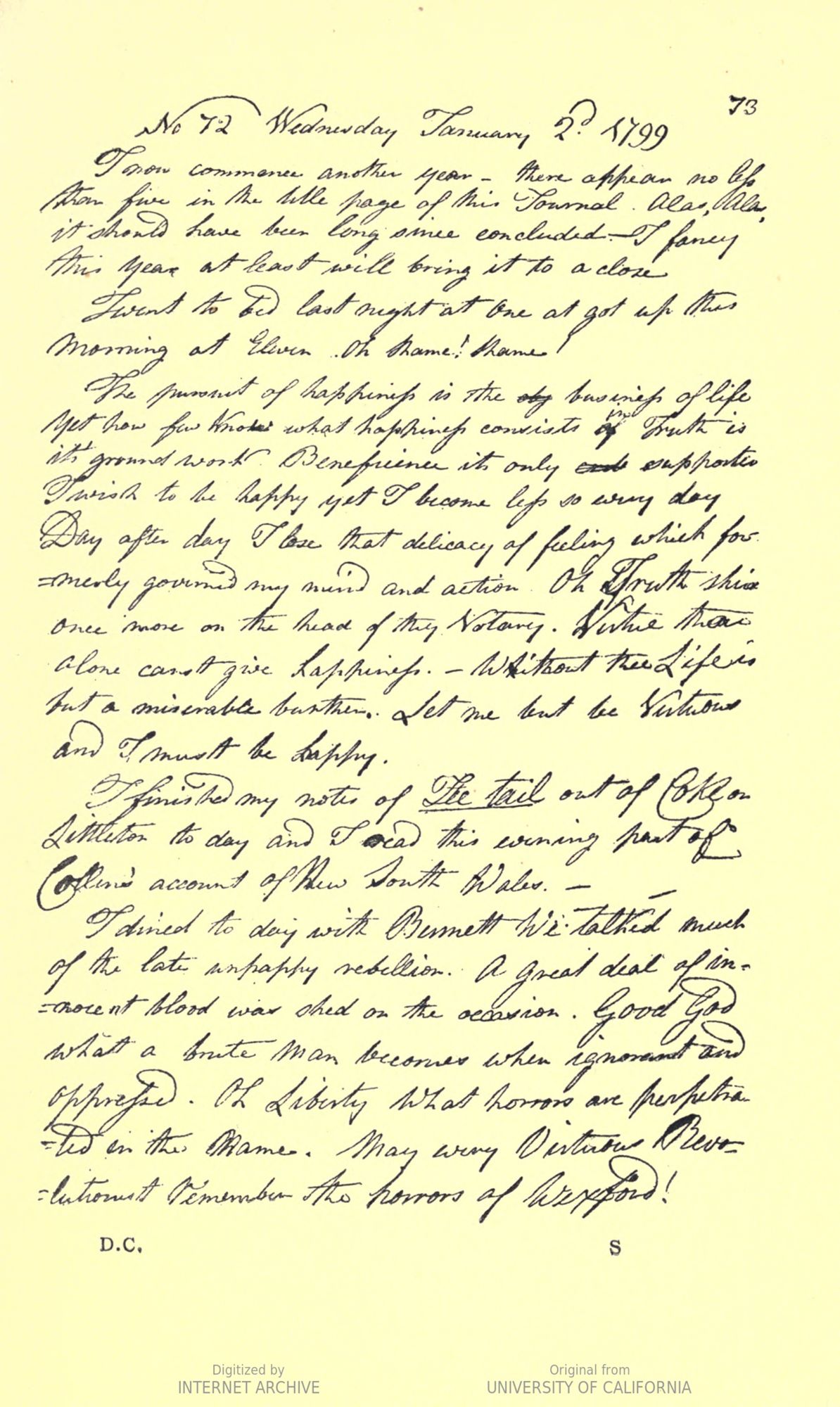 Page for 2 January 1799 in the personal diary of Daniel O’Connell 