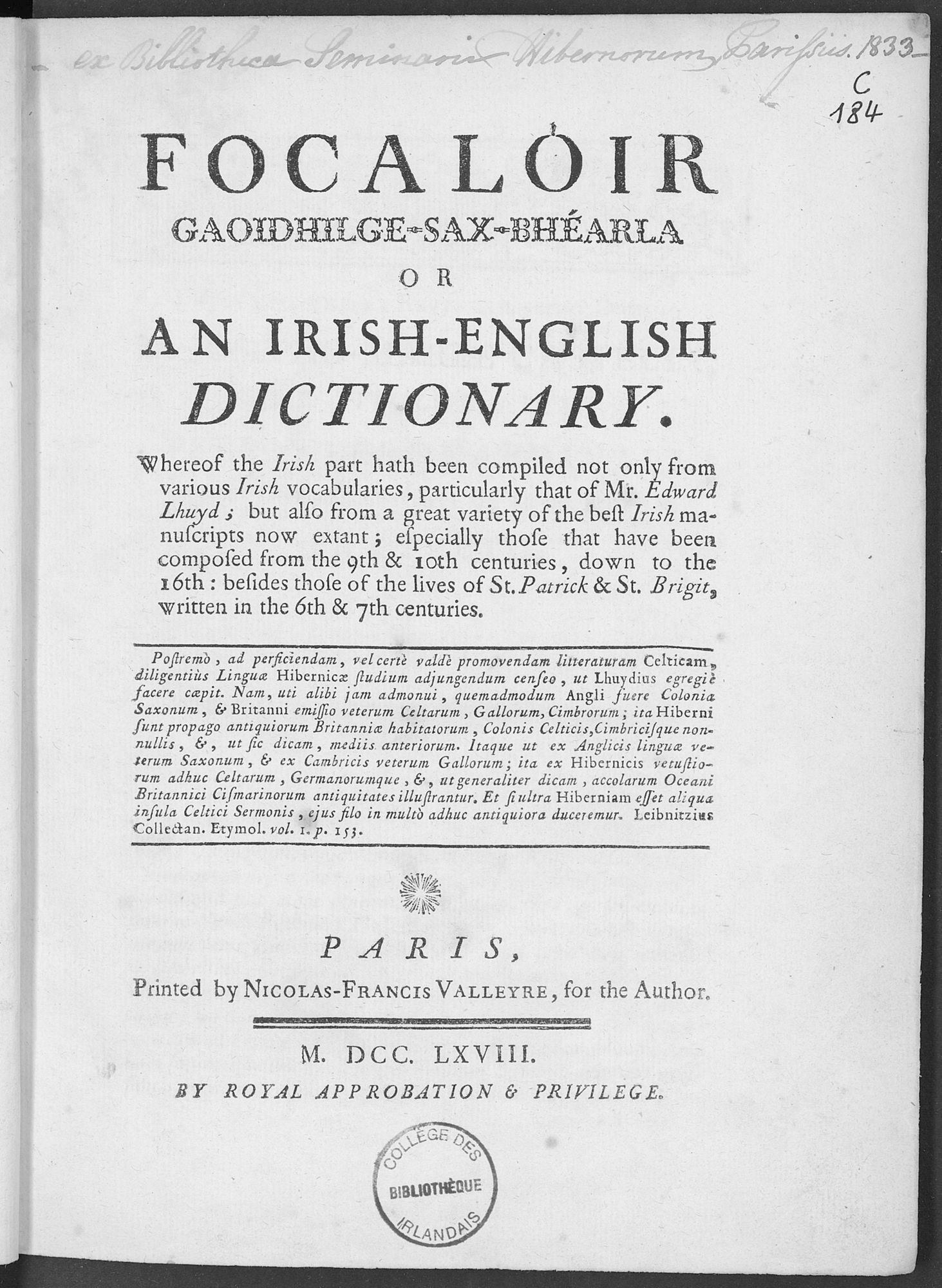 The title-page of John O'Brien's 1768 Dictionary