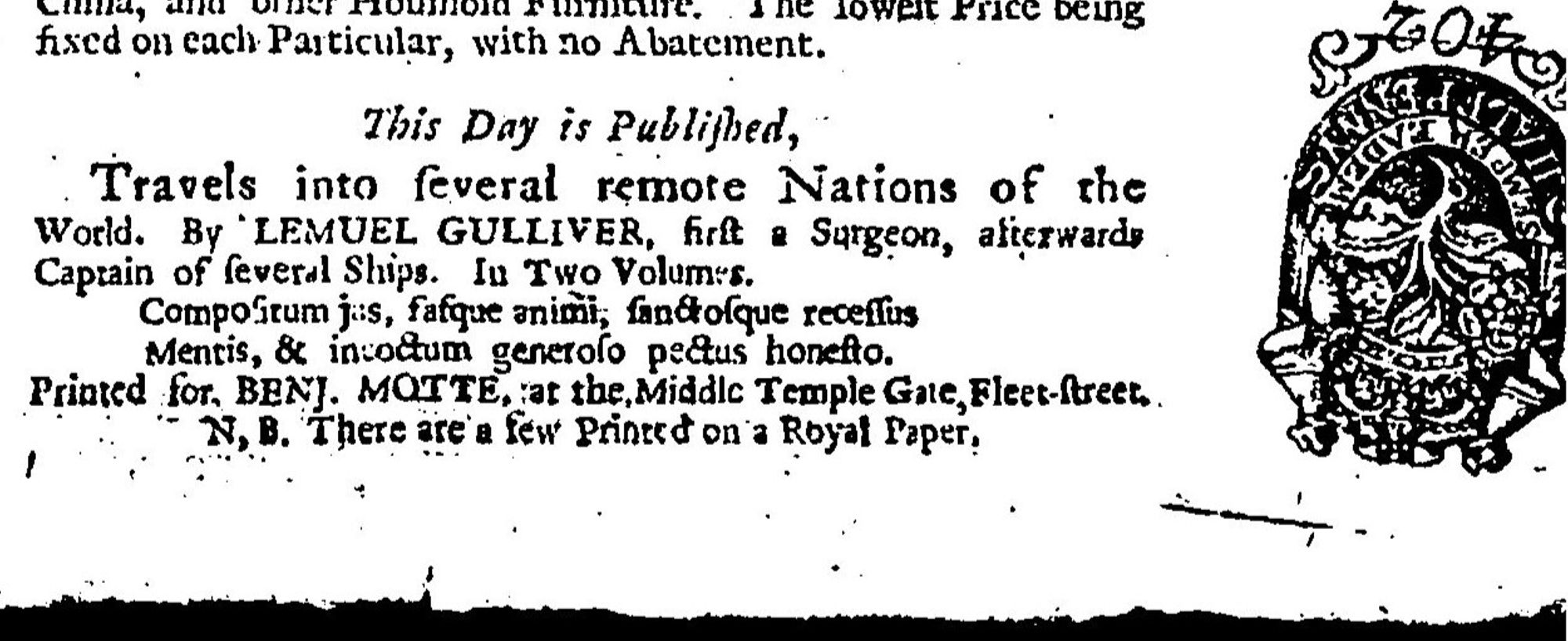 Advertisement for Travels into several remote nations of the world by Lemuel Gulliver, first a surgeon and then a captain of several ships