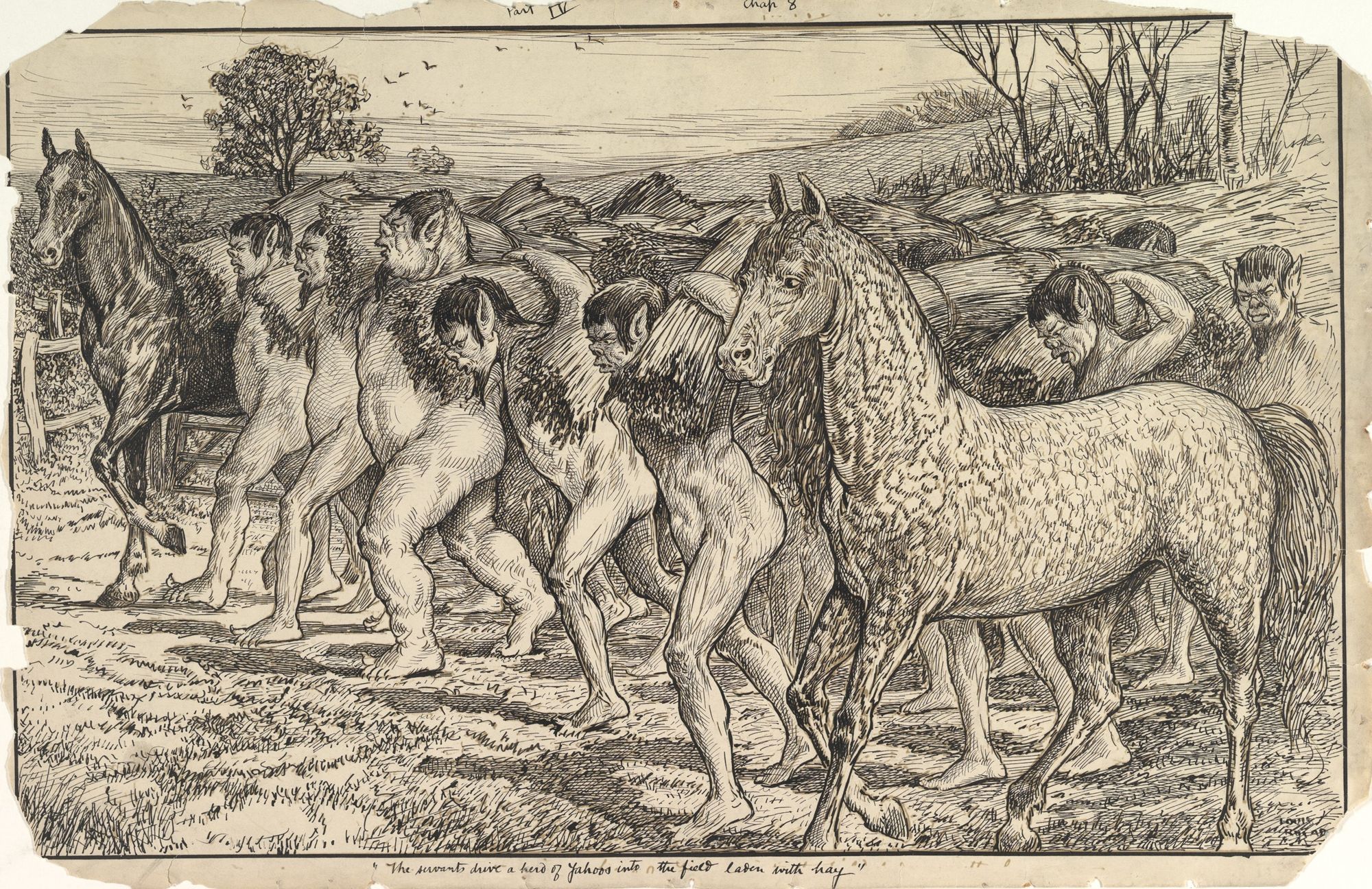 Image of Yahoos being herded by Houyhnhnms. 