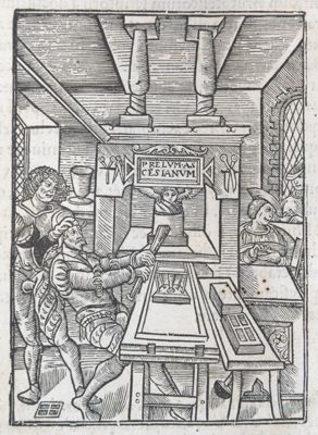 A printer’s workshop in the 16th century, from the printer’s mark of Josse Bade, Parisian bookseller