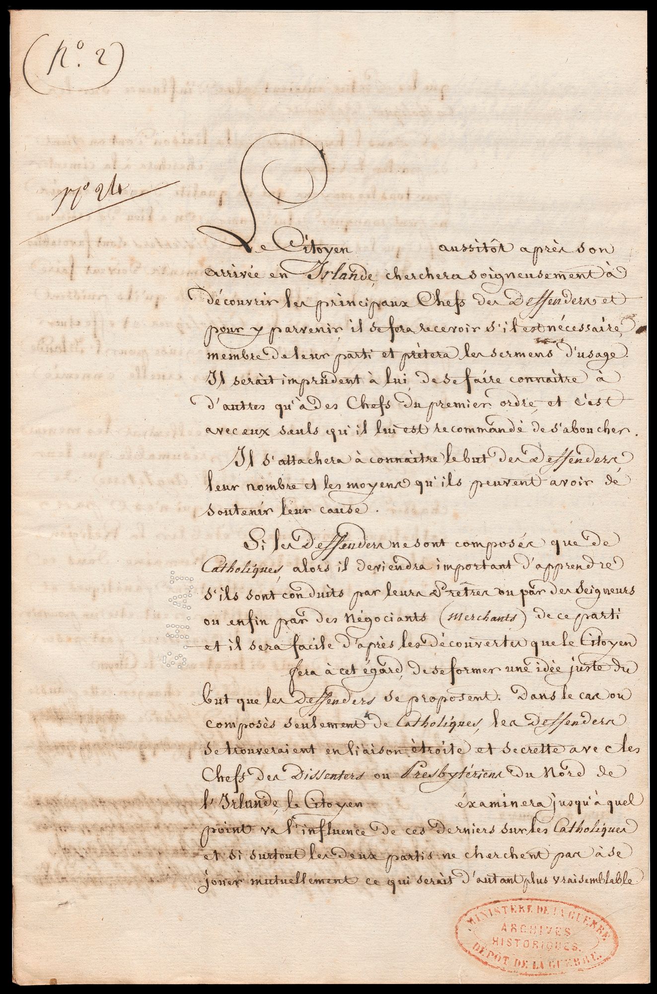 Written instructions for an agent to gather information in Ireland, to liaise with the leaders of the Defenders and the “Dissenters” or Presbyterians of Northern Ireland.